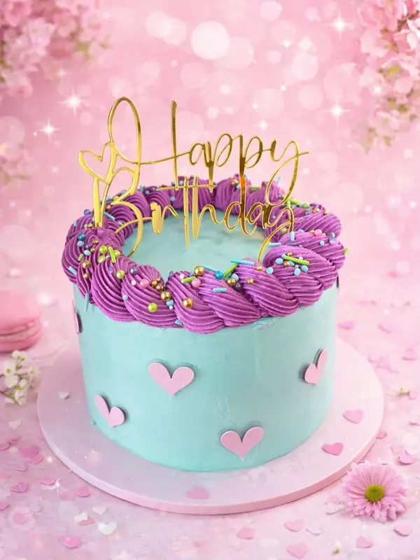 Torta turquesa con merengue morado, corazones rosados y topper «Happy Birthday»