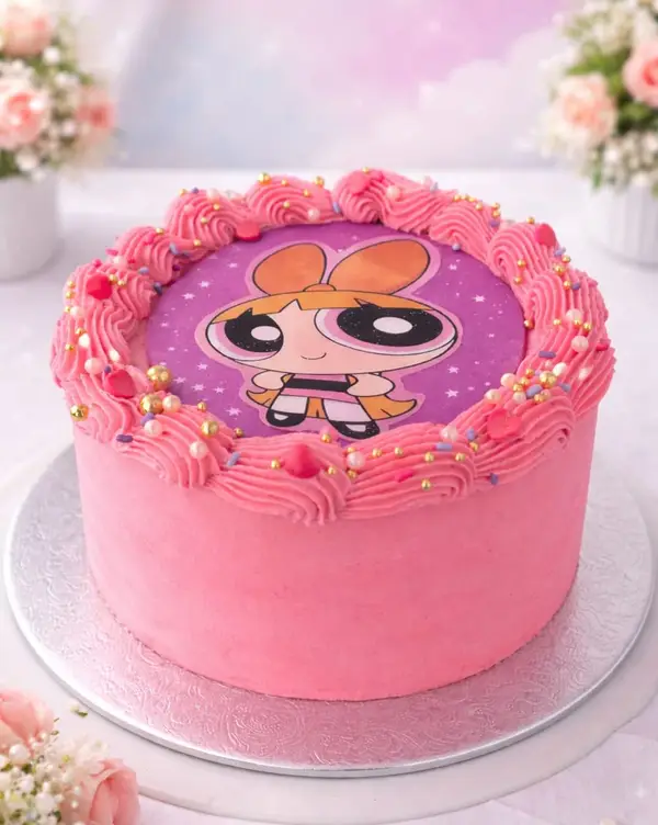 Mini cake rosada de las Chicas Superpoderosas con borde de crema